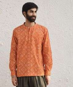 Rust Khari Print Organic Cotton Long Sleeve Kurta for Men