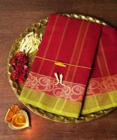 Red Devi Consecrated Cotton Saree with Green Golden Floral Paisely Border